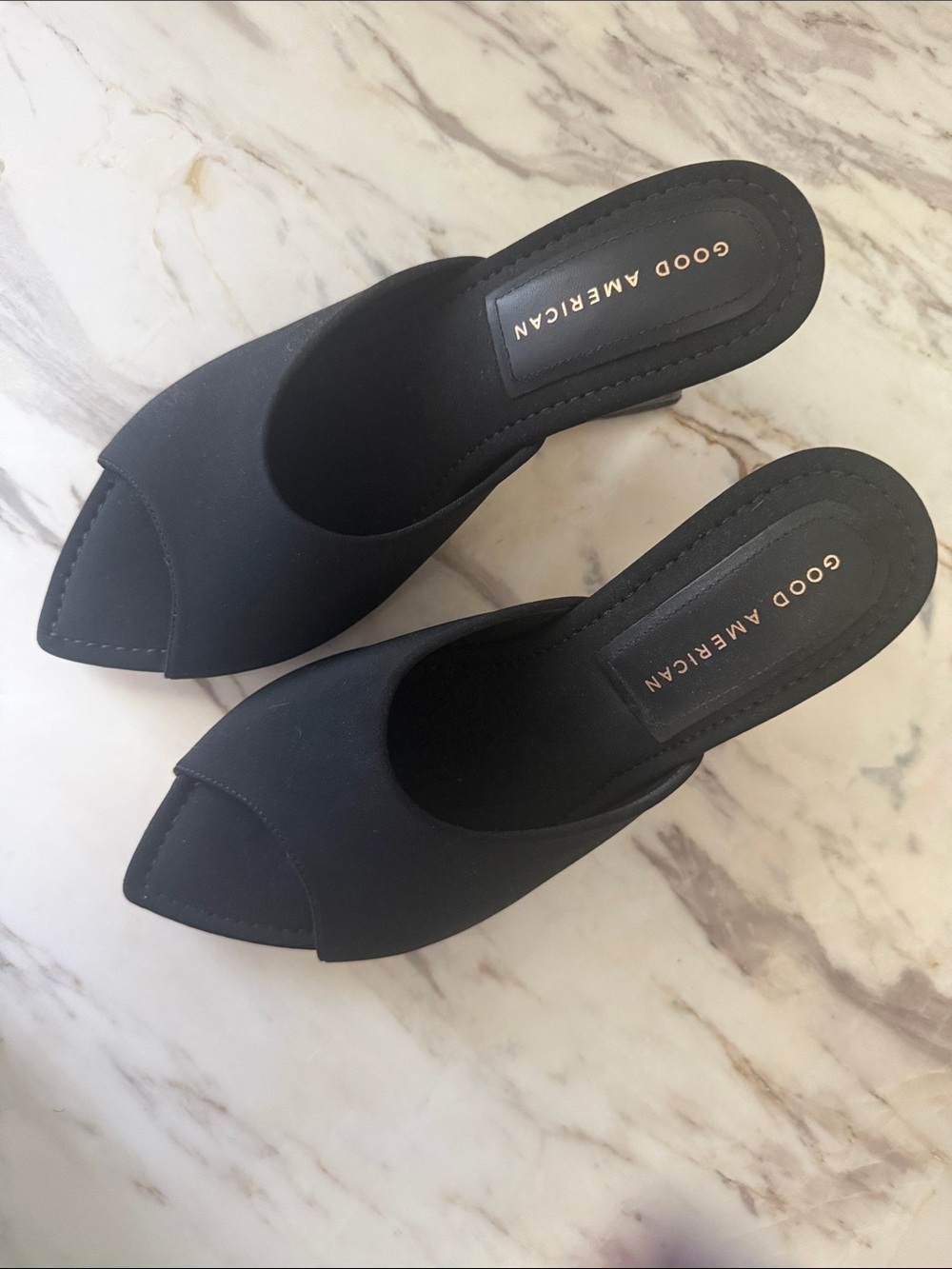 Good American Black Neoprene Clear Heeled Wedges 8.5